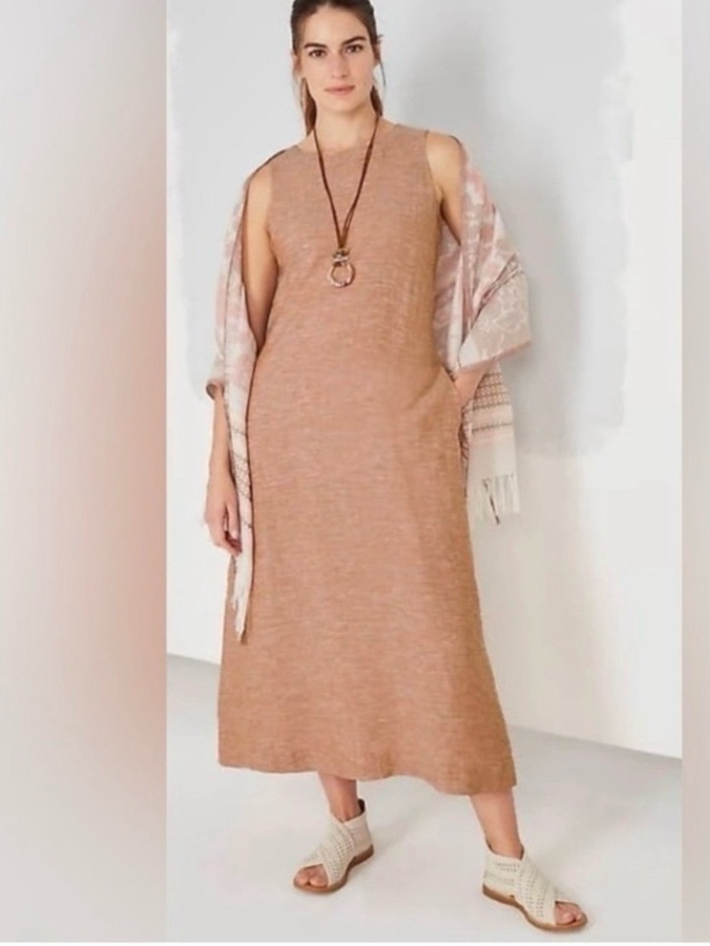 Pure Jill Terracotta Tan Linen A-Line Swing Dress Large Petite Minimalist